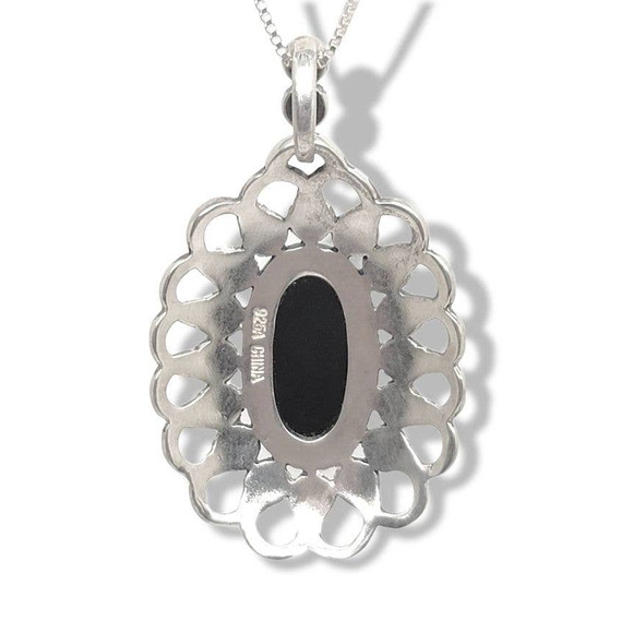 Vintage Oval Onyx Sterling Silver 925 Marcisite Elizabethian Style Pendant 18" - Picture 3 of 6